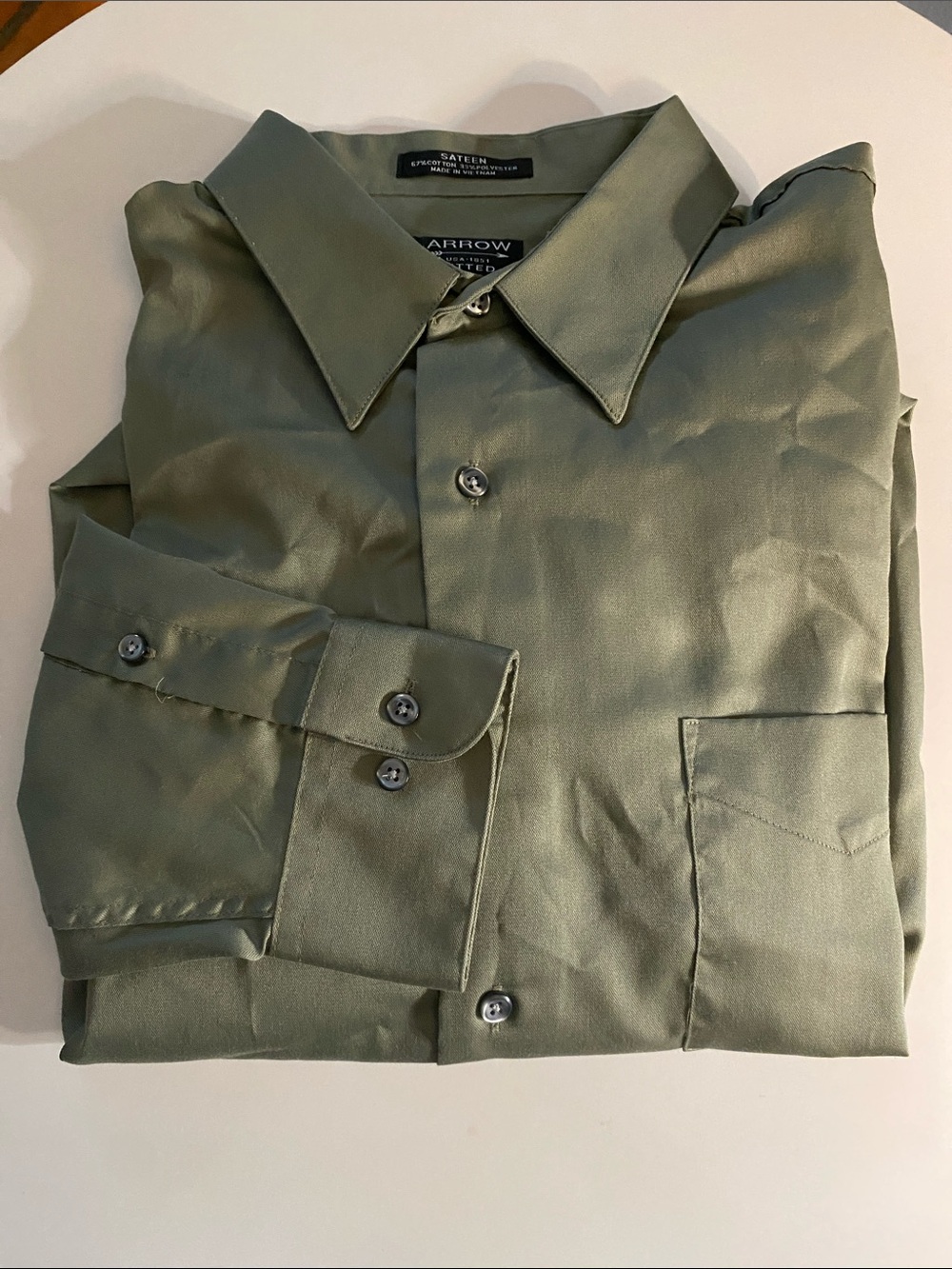 Arrow Satin Olive Dress Shirt in Green Size 18 1/2 34/35 Large!